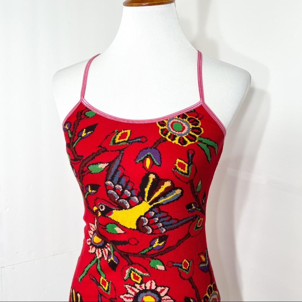 SOLD-Free People Tropical Bird Print Ribbed Red Tank Top - Picture 2 of 8
